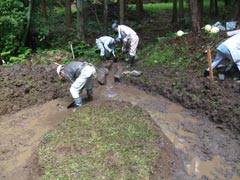 玉石を利用した池への導水路設置作業の様子の画像